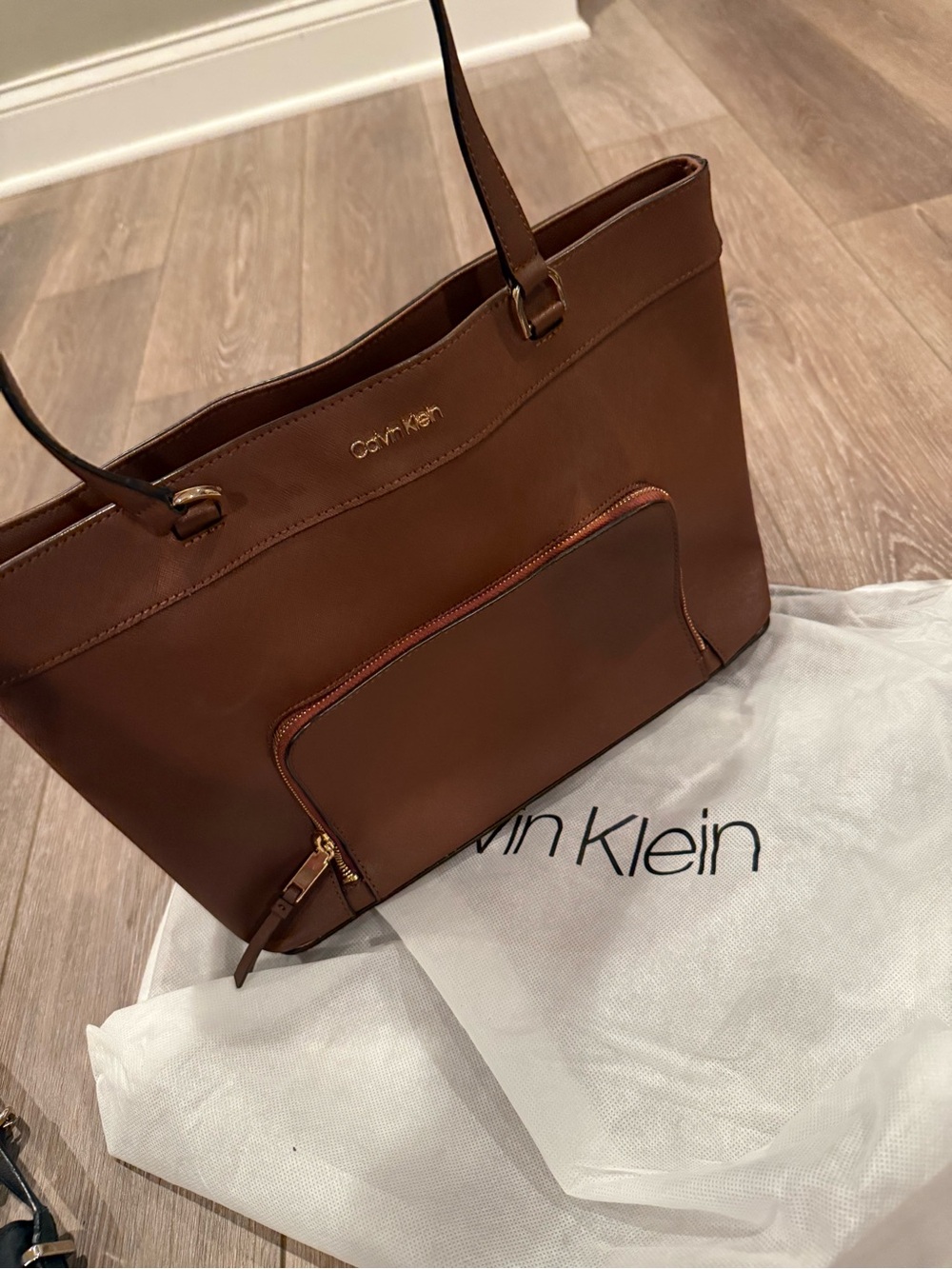 Calvin Klein Chestnut Brown Leather Tote with Front Zip Pocket